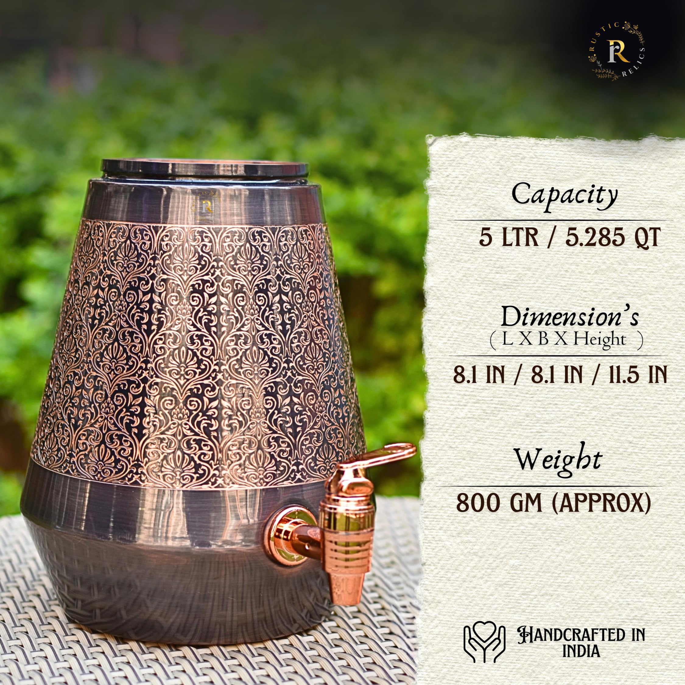 Rustic Relics Antique Copper Water Matka - 5L | With Eye Catching Embosed Engraving Design | Copper Water Storage Dispenser With